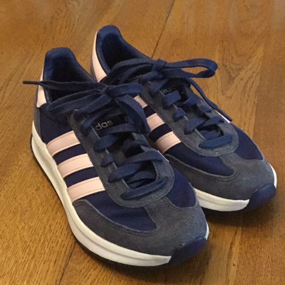 Woman’s adidas navy with pink stripes and grey suede sneakers. Size 6. Cute!